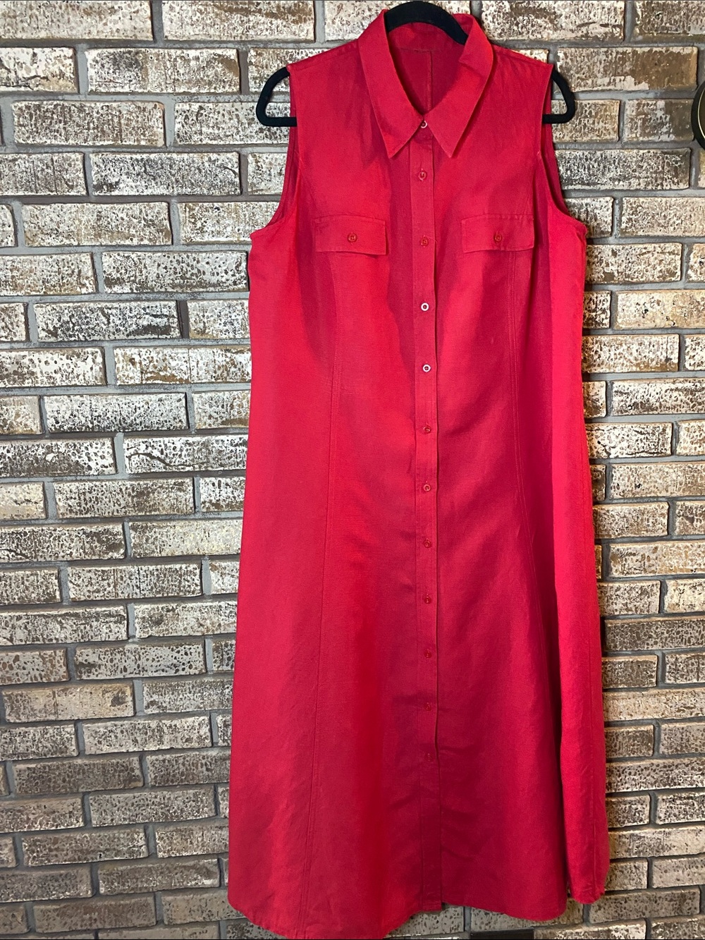 Sleeveless Red Maxi Shirt Dress In Linen And Rayon